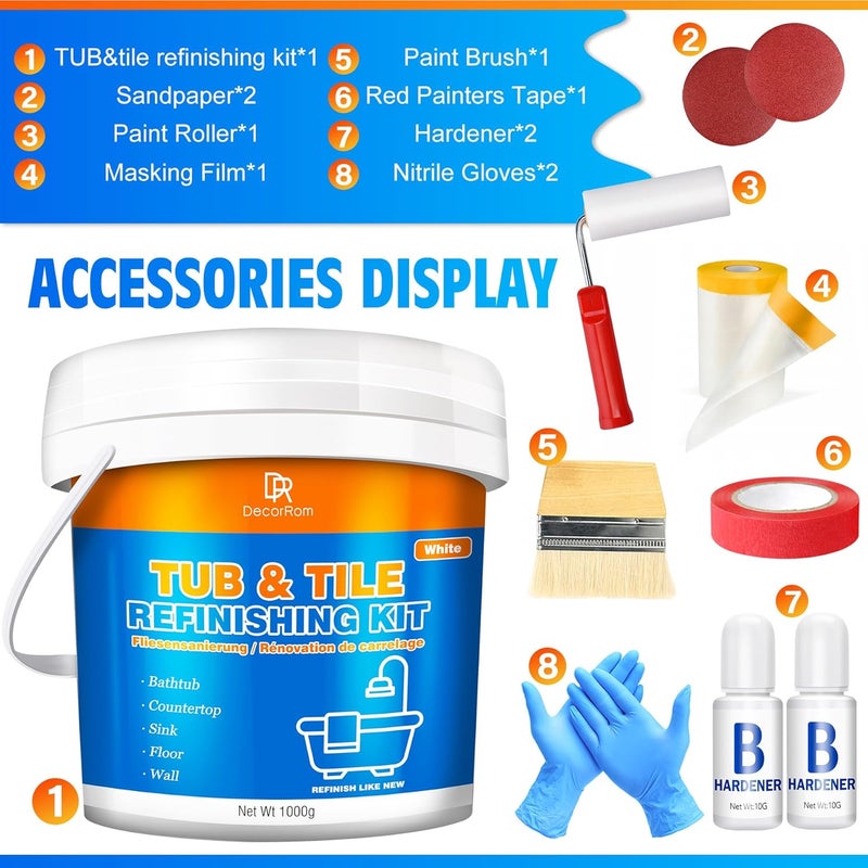 DecorRom Tub and Tile Refinishing Kit, 36oz Tile Paint Bathtub Paint White for DIY Bathroom Resurfacing, Ceramic/Porcelain Tiles, Glass and Marble Sinks Waterproof,Scratch Resistant, Low Odor (Tools in Bucket) - Image 2